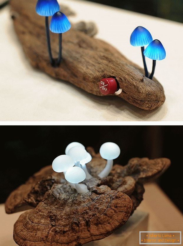 LED žarnica v obliki gob na kosu lesa