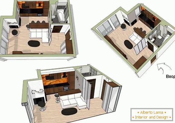 Načrt malega apartmaja 34 kvadratnih metrov. m.