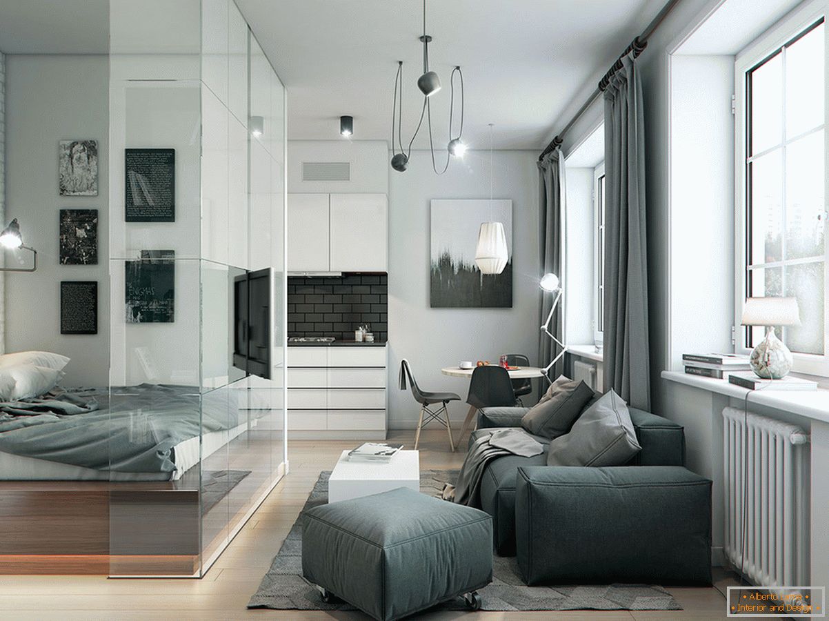Notranjost apartmaja v sivih tonih
