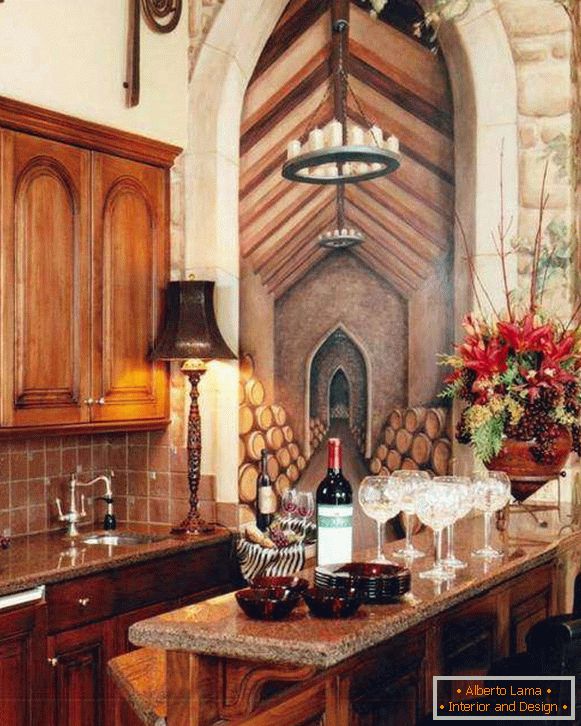Romantične stene za kuhinjo - fotografija z učinkom freske