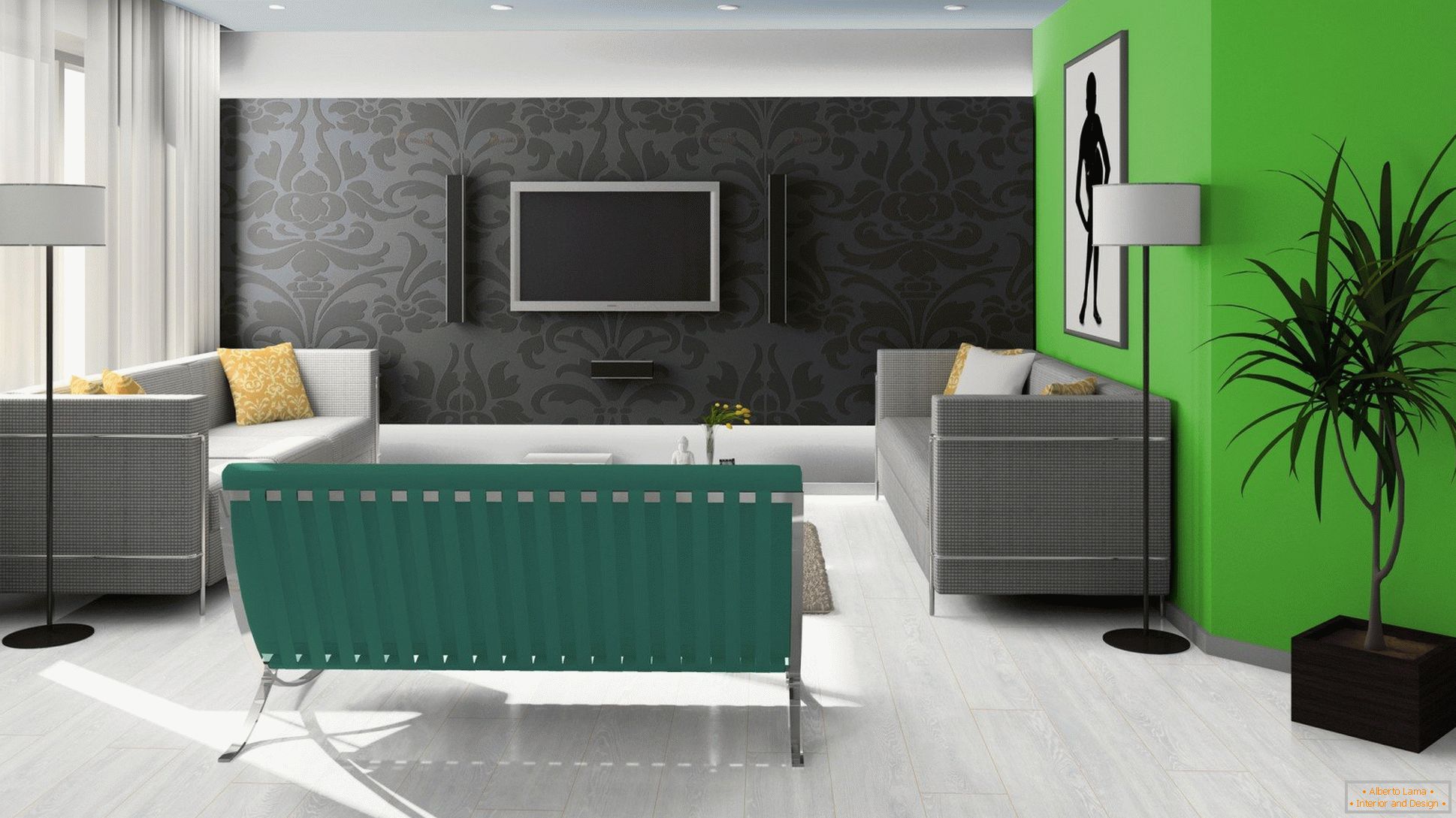 Črna, zelena in bela v zasnovi dnevne sobe