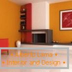 Kombinacija oranžne, rdeče in bele barve v zasnovi dnevne sobe