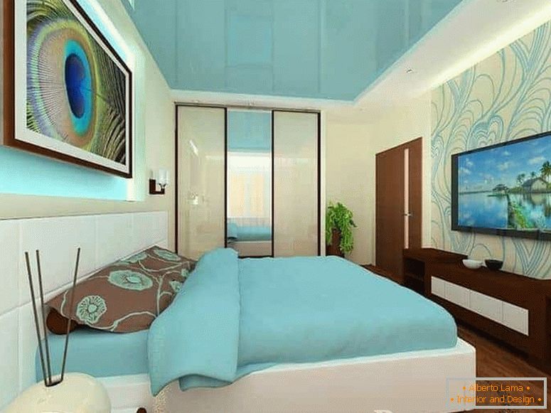 Ekstrudirana spalnica s sijajnim turkiznim stropom