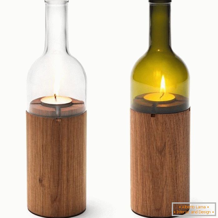 Svečnik iz lesa in steklenic