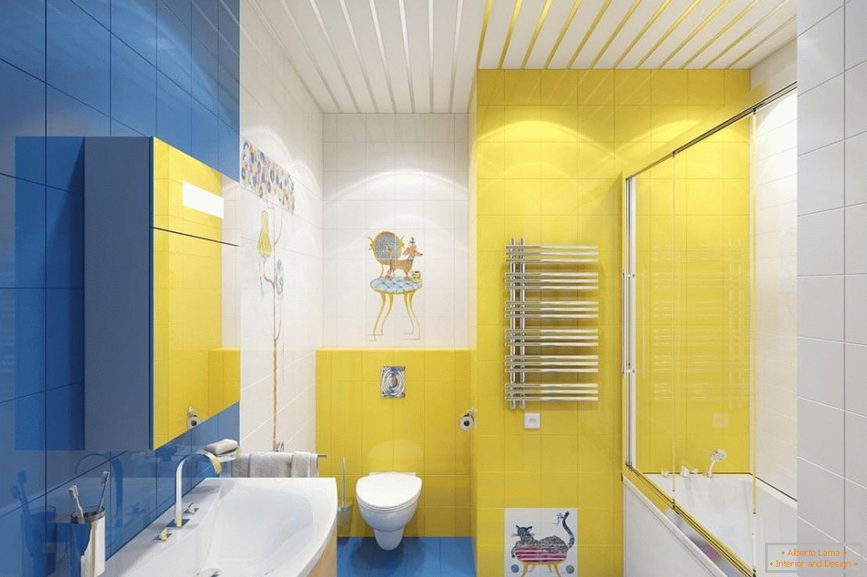 Modra, rumena in bela v notranjosti kopalnice