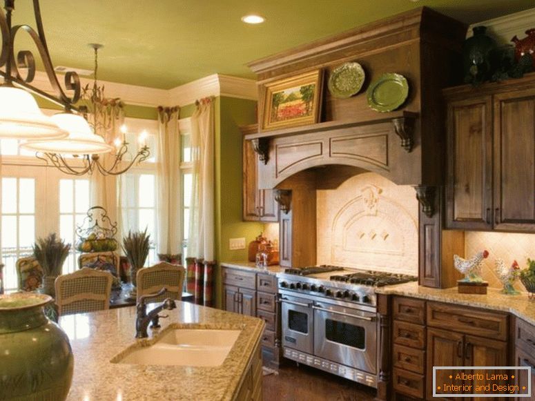 domišljija-kuhinja-notranja-domača-design-s-rjava-lesena-kuhinja-kabinet-elegantne ideje-na-steni-in-smetana-marmor-podstavek na mizi-tudi- smetana-tkanina-zavesa-na-okno-s-francosko