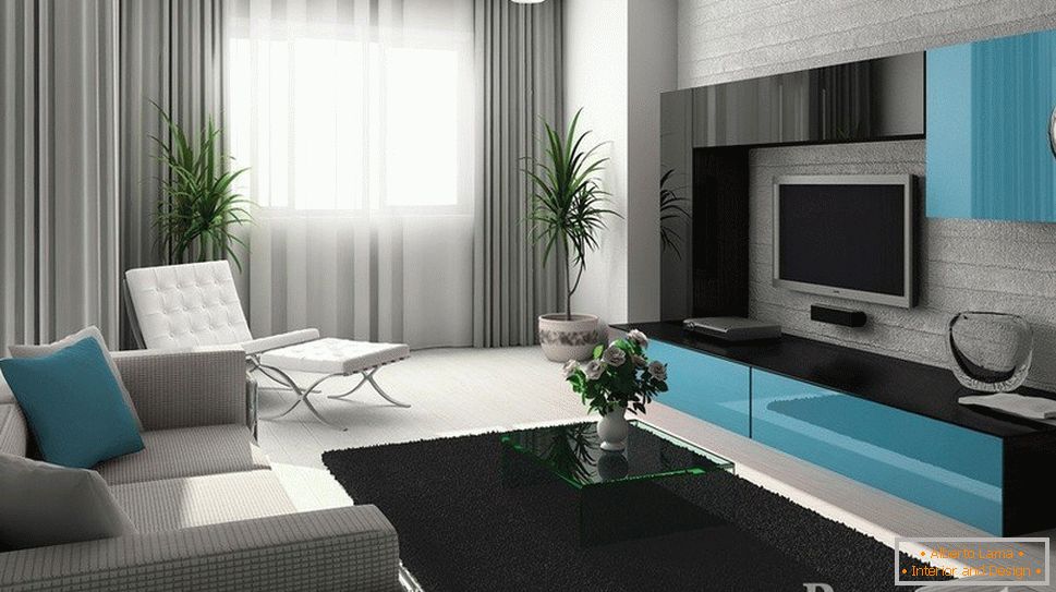 Sivo-modra notranjost dnevne sobe
