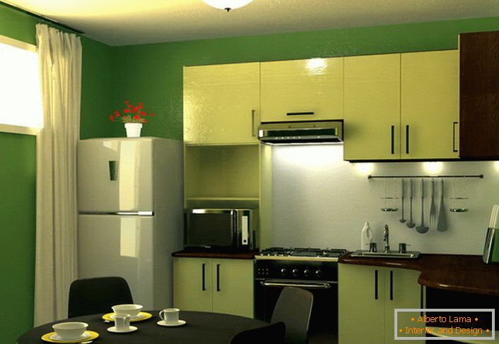 Zelena je barva miru in harmonije. Kuhinja površine 9 kvadratnih metrov v tej barvni shemi - odlična rešitev za oblikovanje katerega koli mestnega stanovanja.