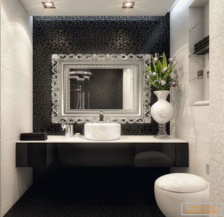 lepa notranja oblika majhnih sob z črno-belo kopalnico in dekoracijo svetilk