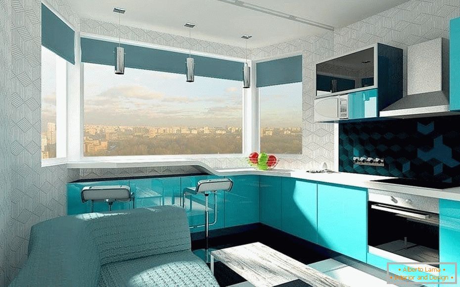 Dizajn kuhinje design v jagodičasto barvo z okno zaliv z bar števec na oknu