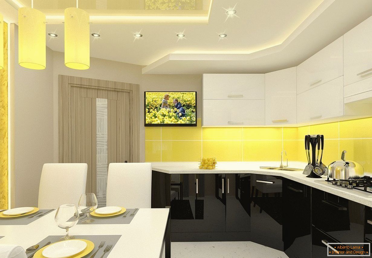 Rumena-bela notranjost kuhinje v apartmaju