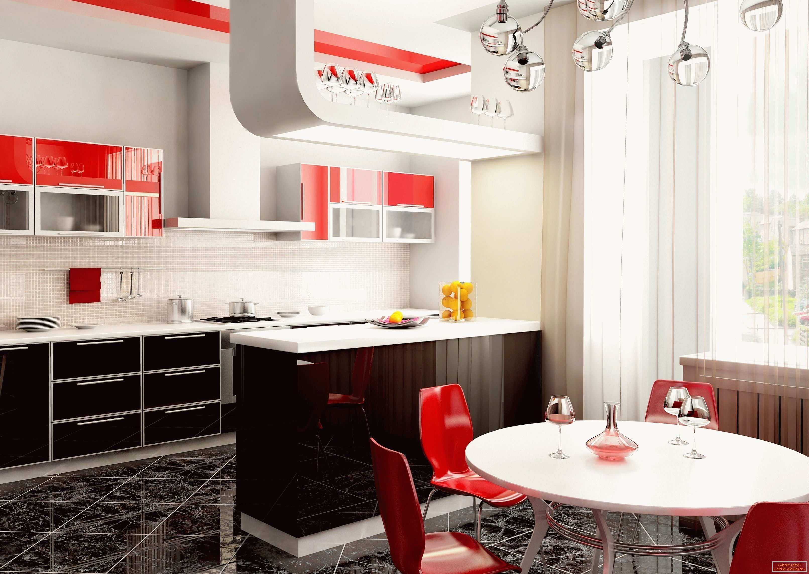 Svetla notranjost kuhinje v stanovanju z rdečimi poudarki