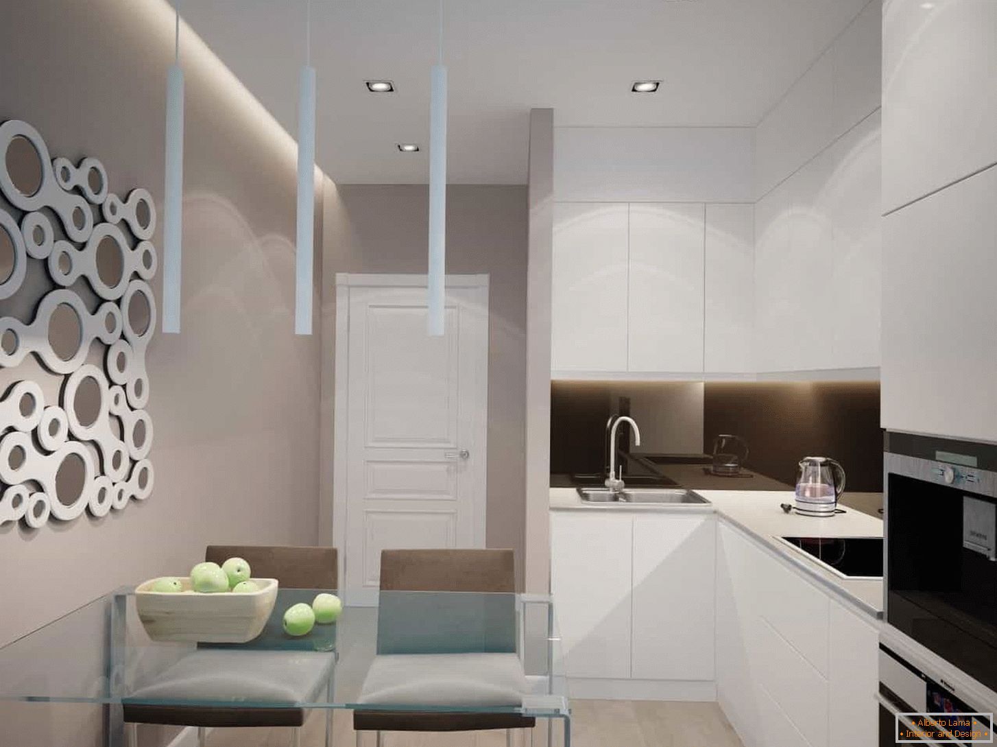 Kuhinja bela v sodobnem slogu z vgrajenimi aparati