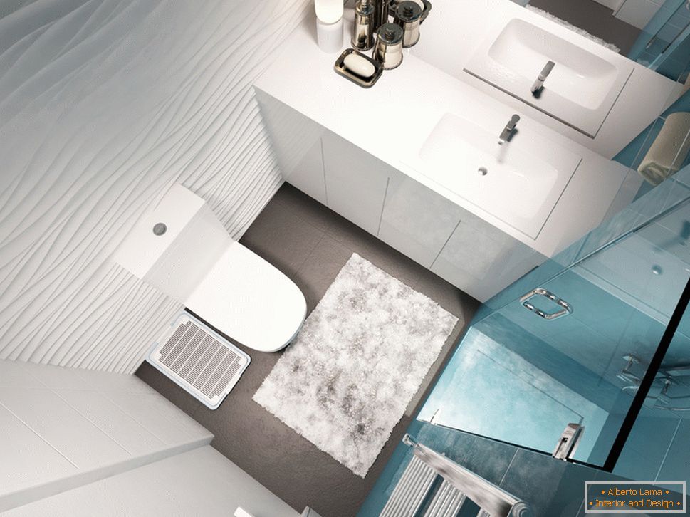 Zasnova kopalnice v beli in modri barvi