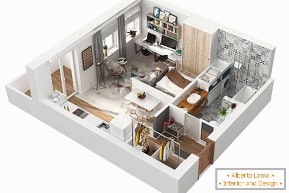 Načrt 3D projekt enosobnega apartmaja 40 m2