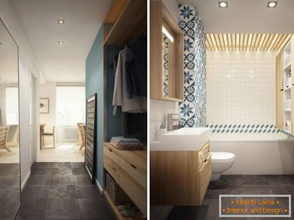 Fotografija predprostora in kopalnice v zasnovi apartmaja 40 m2