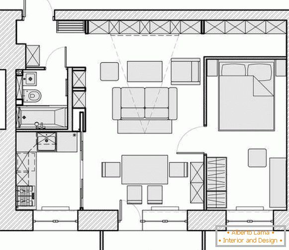 Zasnova stanovanja 40 m2 - fotografija postavitve prostorov
