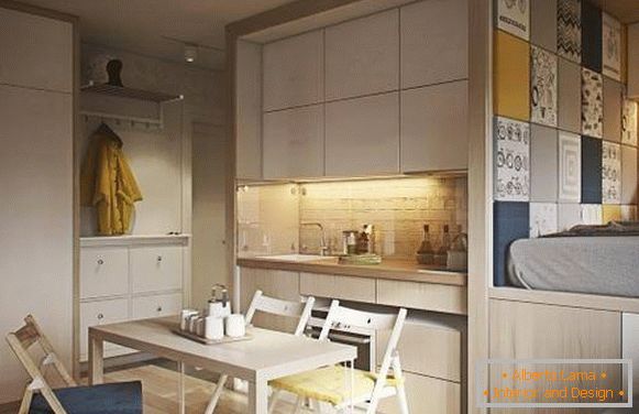 Modna zasnova enosobnega apartmaja 40 m2 M - fotografija kuhinje in spalnice