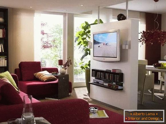 Oblikovanje enosobnega apartmaja - razdeljeno na dve coni s pregrado s televizijo