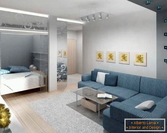 Zasnova enosobne stanovanja: razdelitev v dve coni spalnico in dvorano