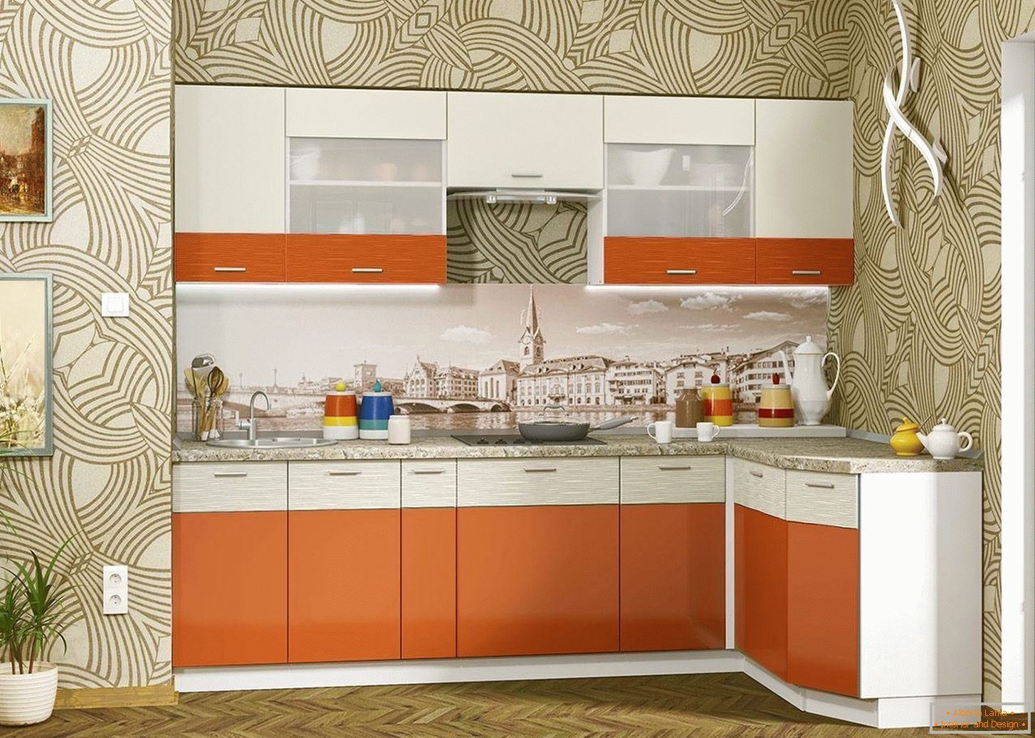 Kompaktna kuhinja v oranžni barvi