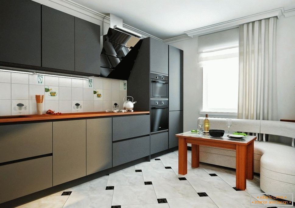Črno pohištvo in beli kotiček v kuhinji