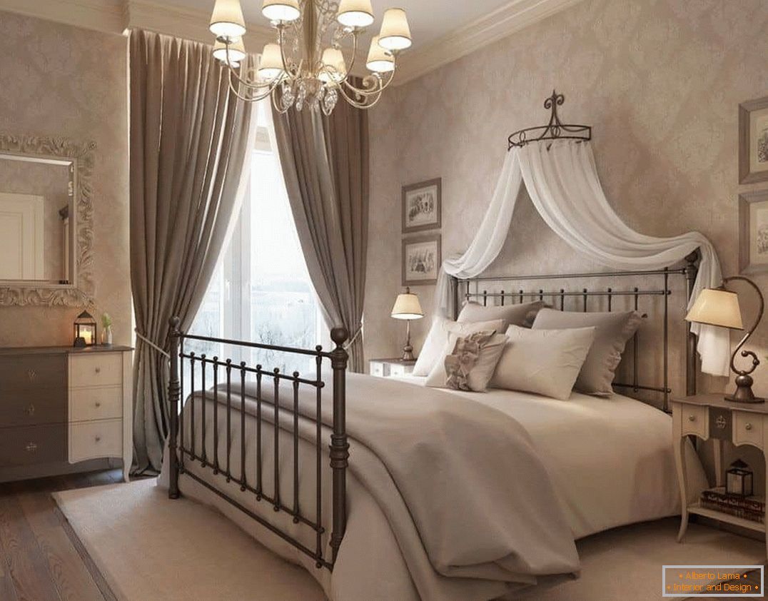 Romantična spalnica dizajn v klasičnem slogu