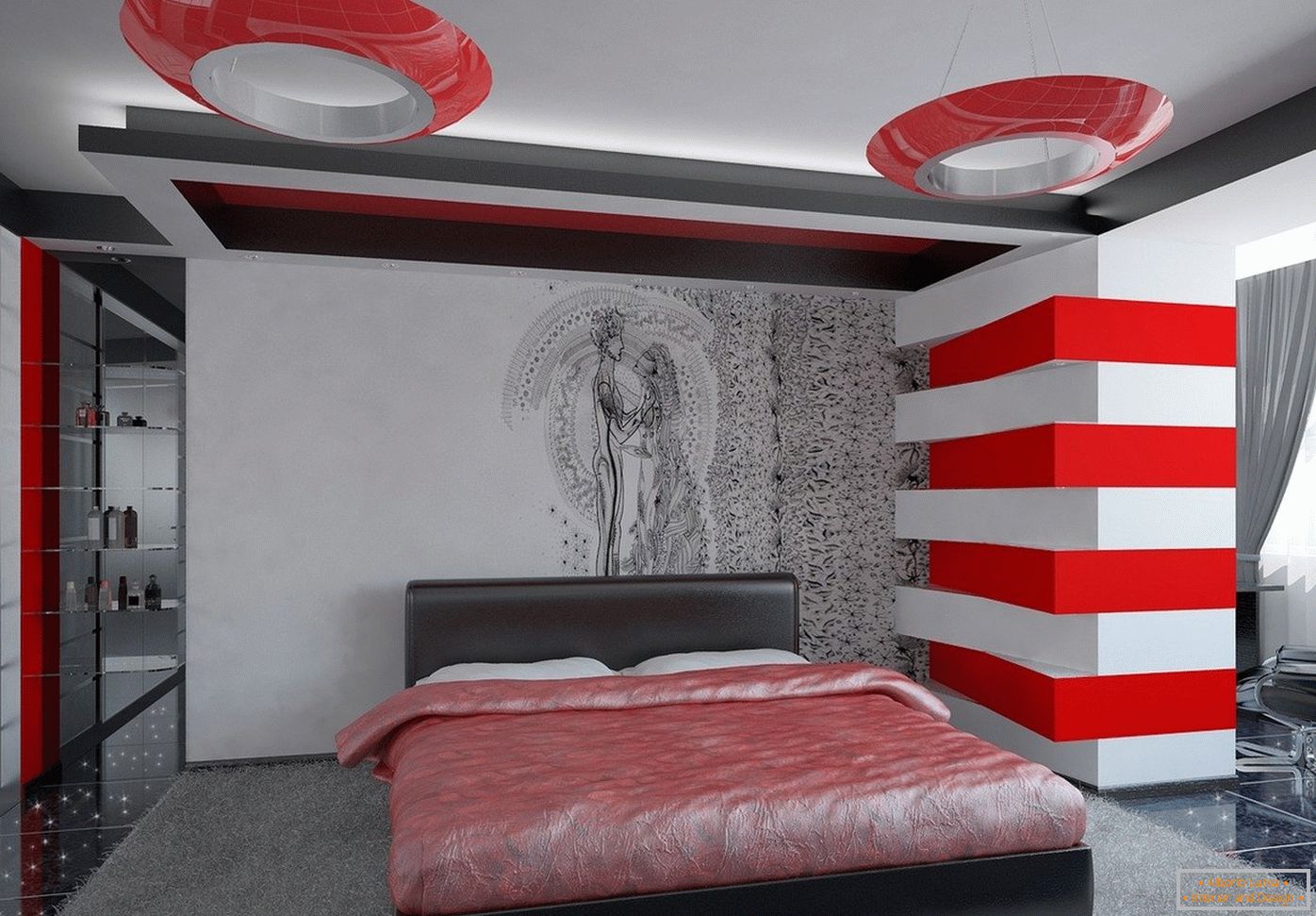 Svetle barve v notranjosti spalnice v slogu visoke tehnologije