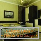 Elegantna notranjost spalnice v zelenih in rjavih tonih