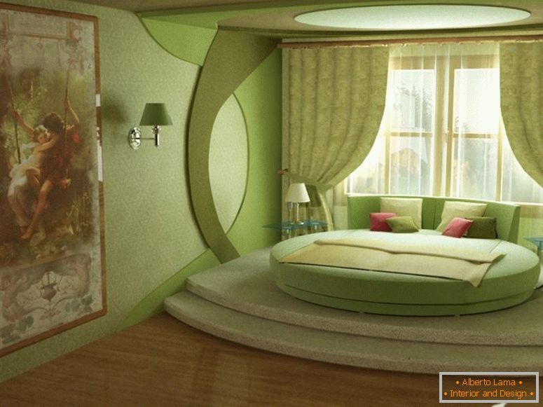 Zelena spalnica z okroglo posteljo