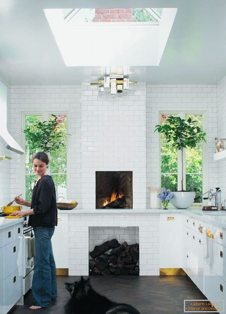 Ekstrudirana kuhinja v zasebni hiši s pečjo in oknom v stropu