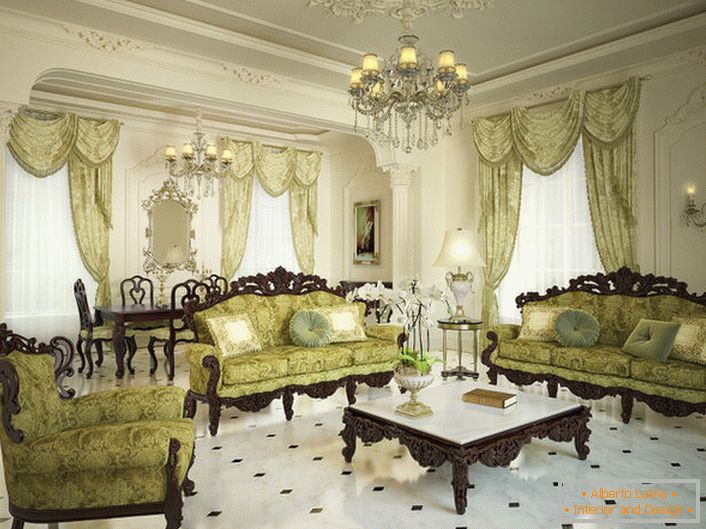 Okrasite prostorno dnevno sobo v baročnem slogu.