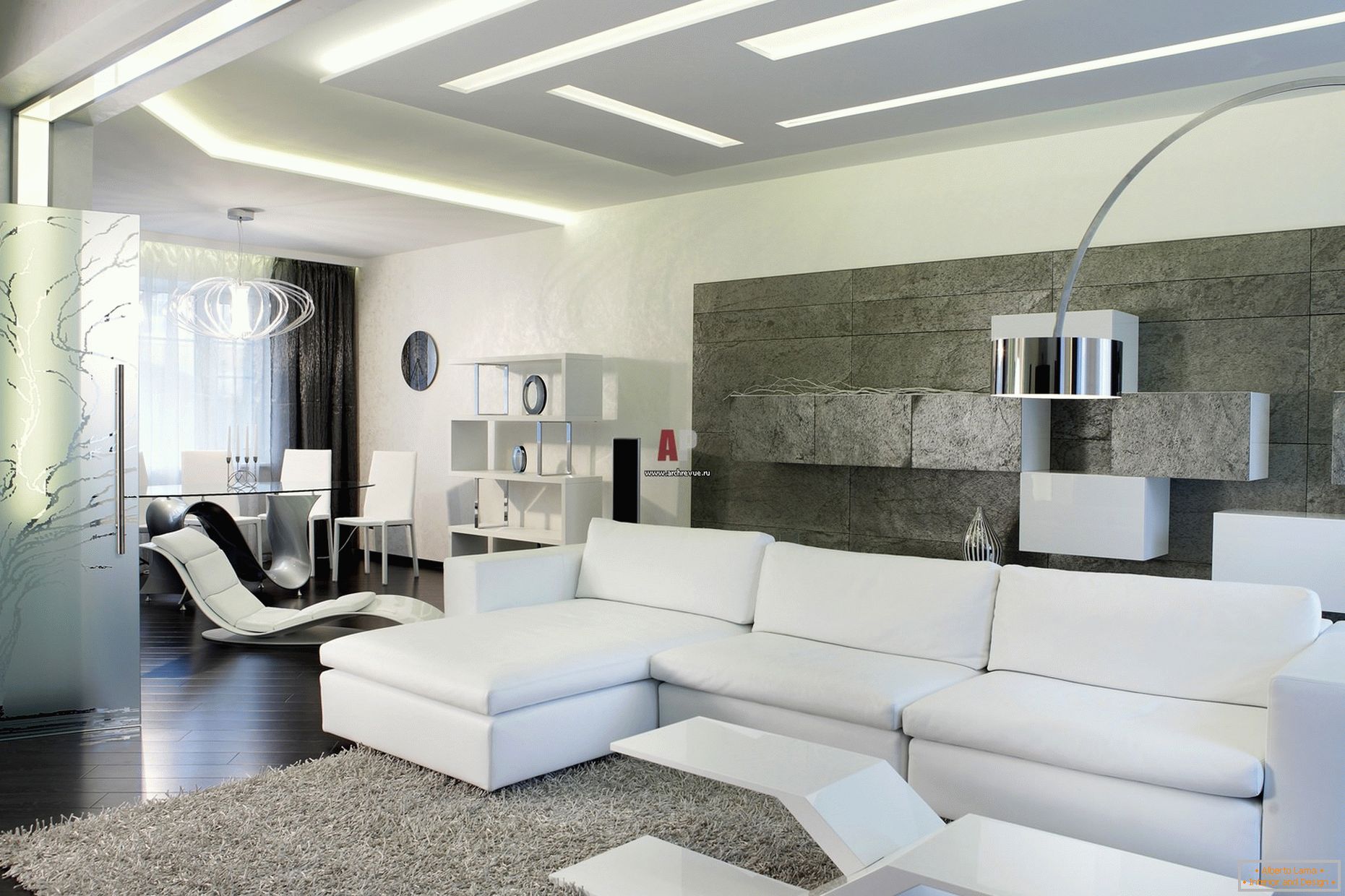 Bela notranjost gostov v sobi v minimalističnem slogu je pomembna za sodoben, krepko oblikovan dizajn z namigi visoke tehnologije.
