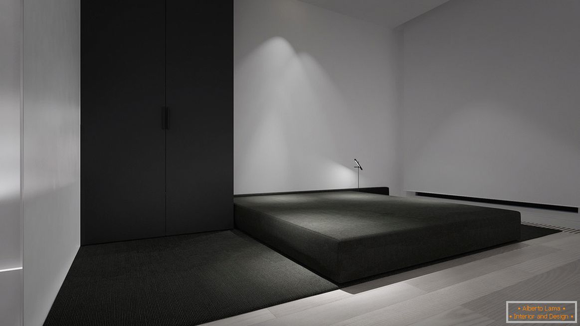 Spalnica v slogu minimalizma je najsvetlejši primer oblikovanja. Glavna značilnost je minimalno pohištvo.