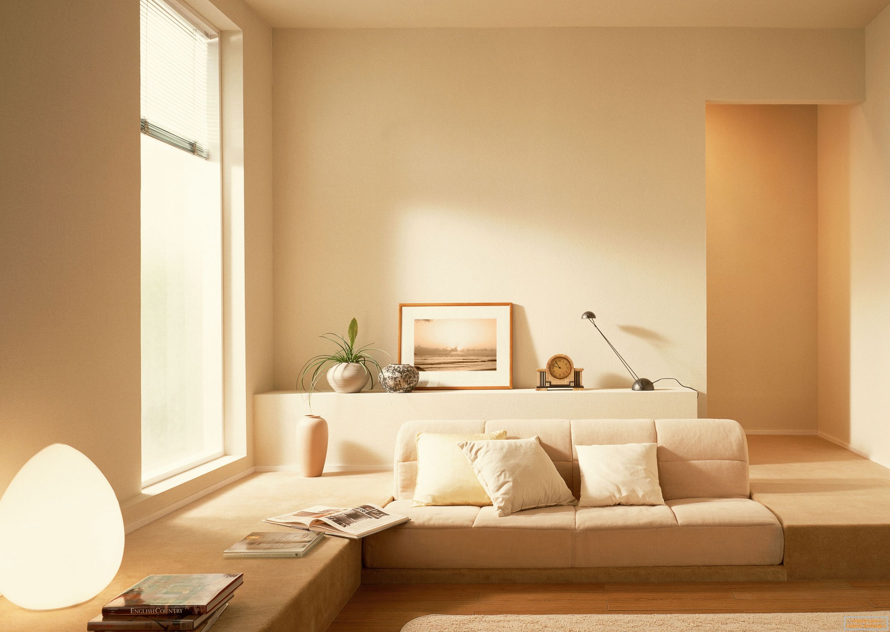 V skladu s slogom minimalizma se je za organizacijo notranjosti dnevne sobe uporabljala mirna bež barva.