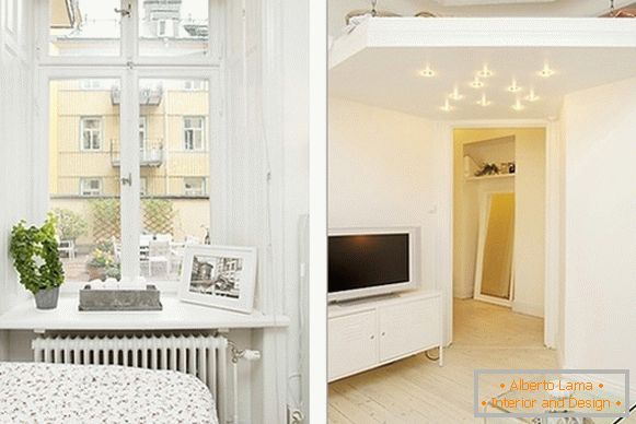 Notranjost udobne spalnice in dnevne sobe na Švedskem