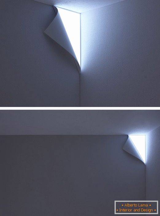 Svetilka v steni v obliki zloženega roba papirja
