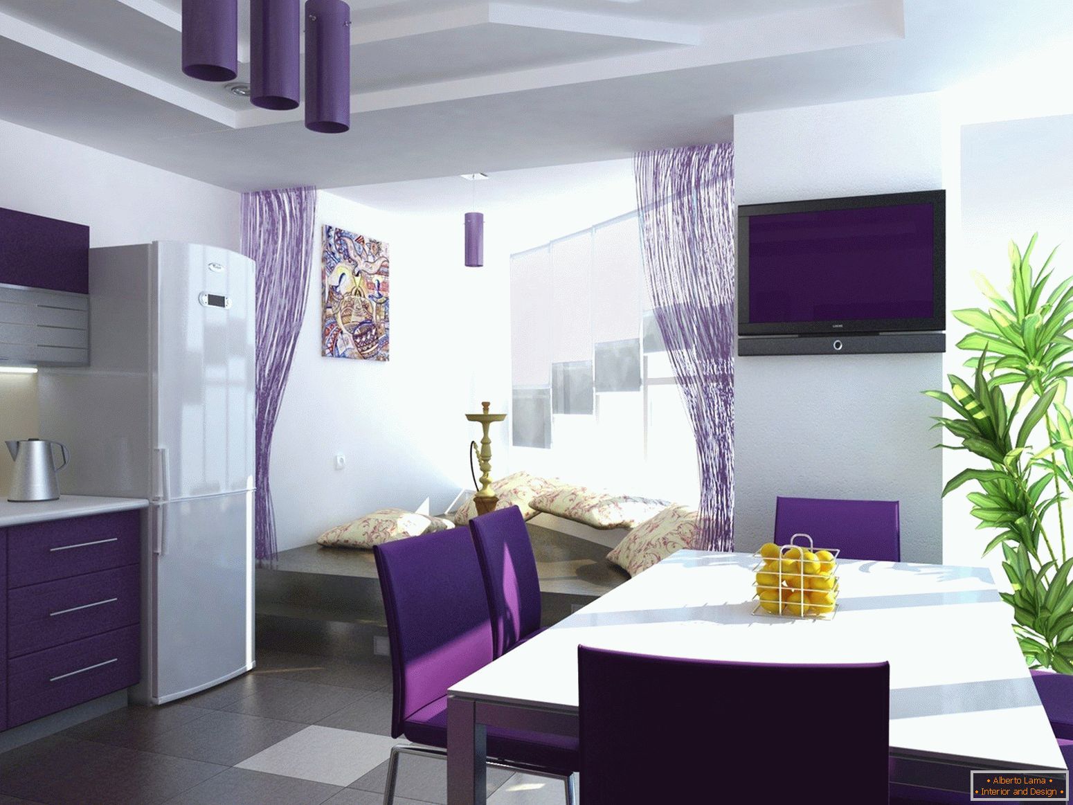 Vijolična barva v notranjosti kuhinje