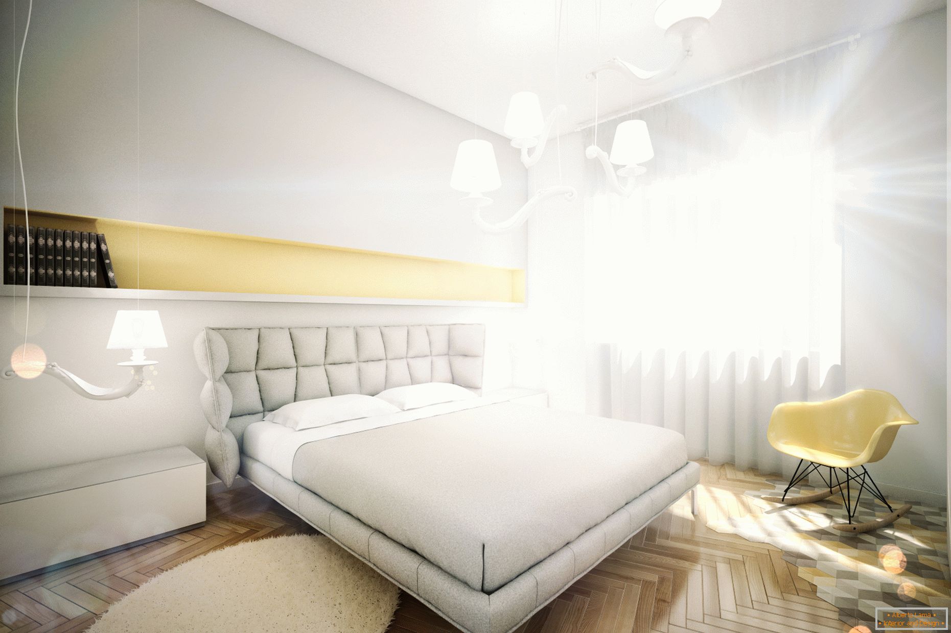 Dizajn stanovanje v pastelnih barvah: spalnica