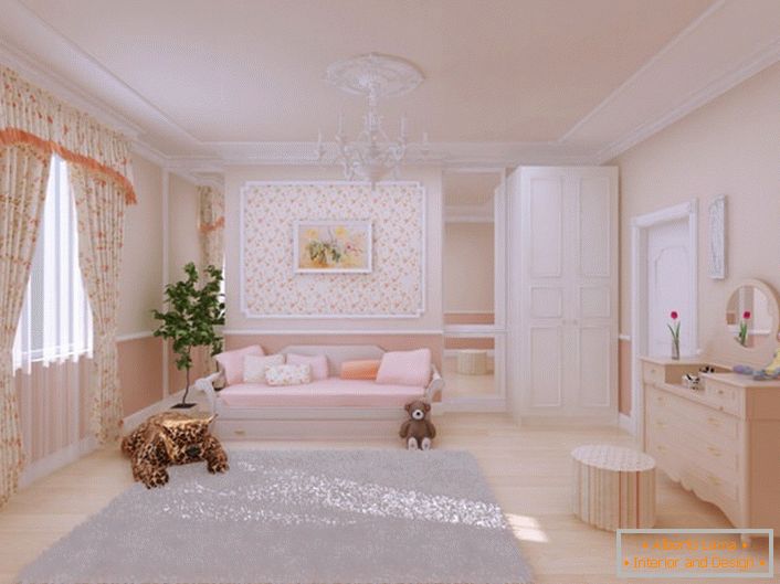 Lepa otroška soba je urejena v slogu države. Za dekor se uporablja tudi štukature iz poliuretana. 