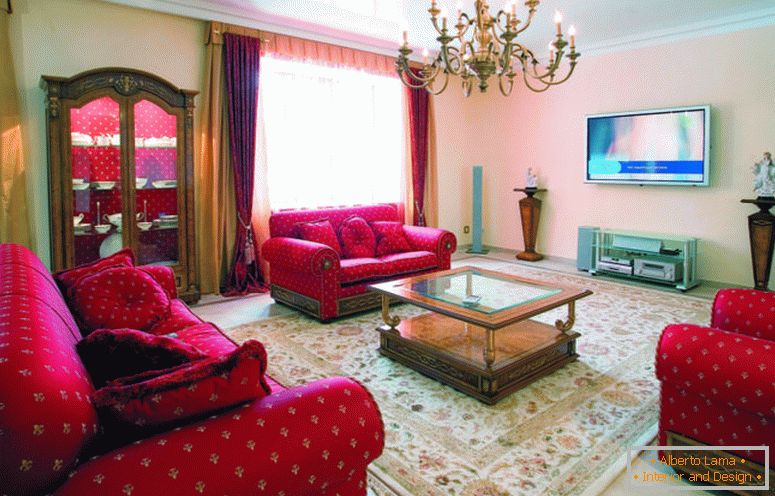 moder-style-furniture-living-room-design-ideas-with-red-fabric-pattern-sofa set-by-ruched-arm-and-razvejan-lustre-nad-steklo- dobro-kot-living-room-furn-in-tradicionalni slog