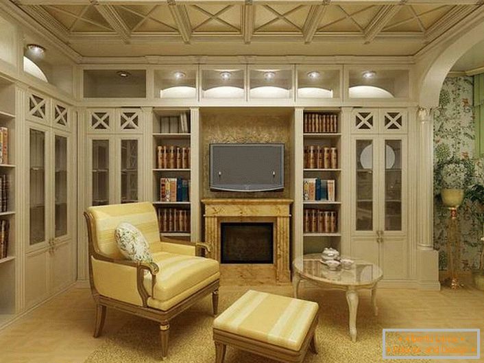 Svetla soba za goste v slogu države z ustrezno izbrano osvetlitvijo. V notranjosti, v najboljših tradicijah države, se uporabljajo elementi lesa dekor.