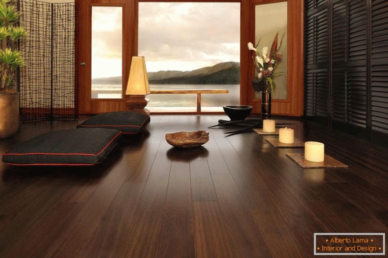 cool-dark-hardwood-floor-with-Ottoman-for-living-room-japanese-style-furnished-natural-plant-and-lantern-lamp-as-decoration ceiling-design-awesome-japan interior design -Škole-kako