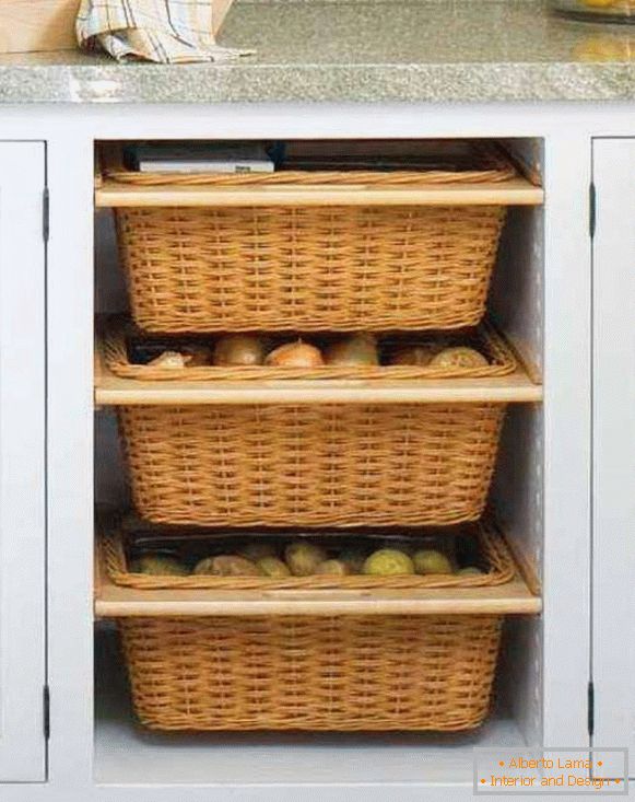 Shranjevanje zelenjave in sadja v kuhinji v košare