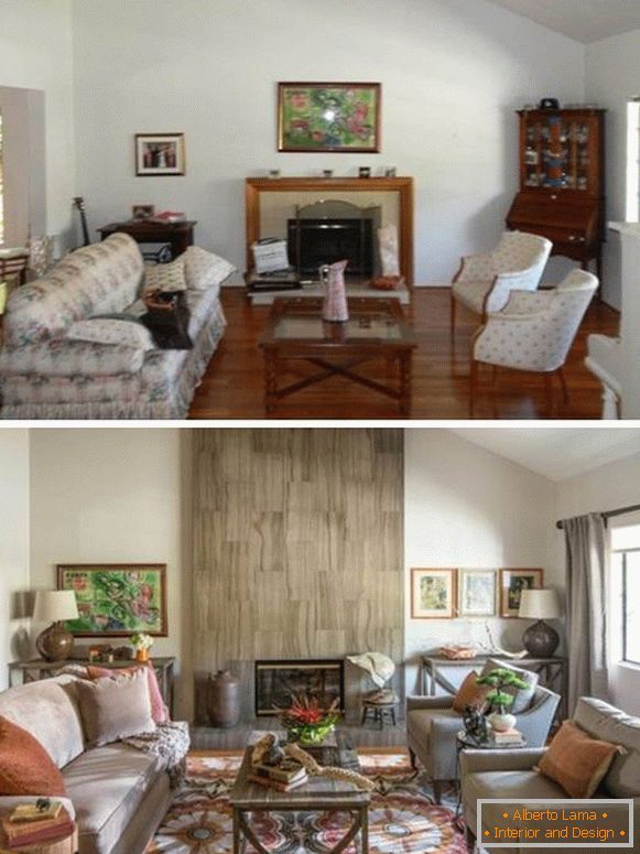 Udobna dnevna soba s kaminom, notranjost, fotografija pred in po