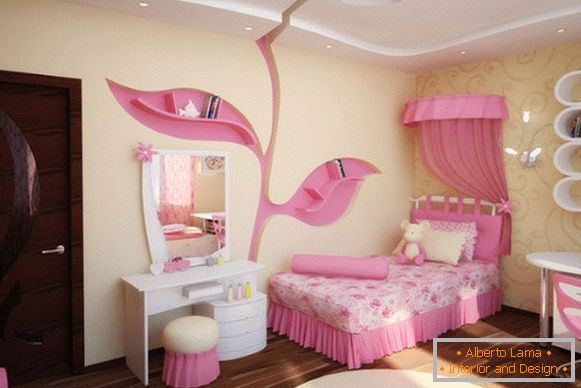 notranjost otroške sobe za dekle v rumenih in roza barvnih tonih