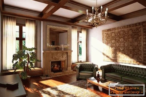 Notranjost dnevne sobe s kaminom v zasebni hiši - klasični slog