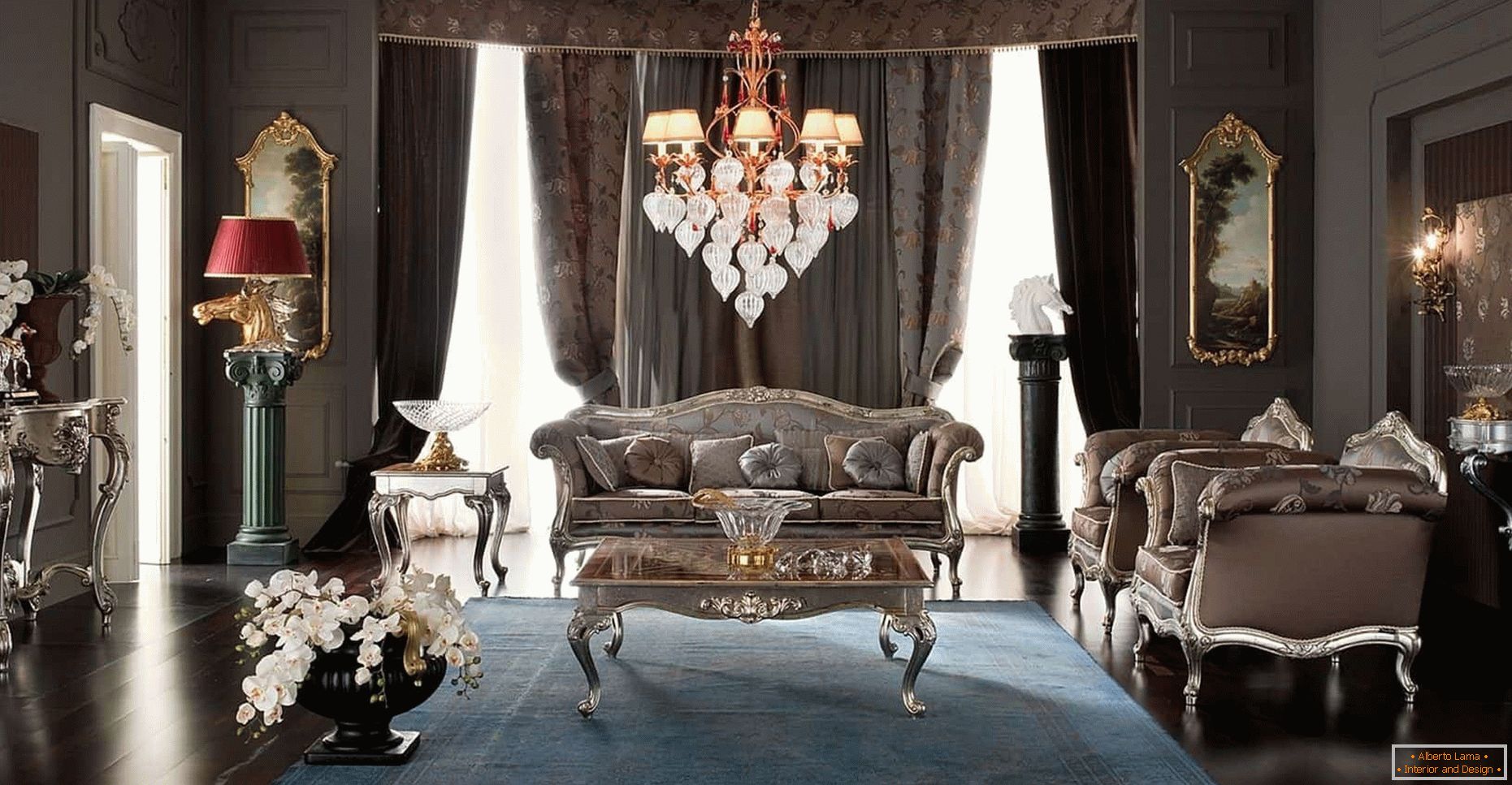 Zasnova dnevne sobe v temni barvi v klasičnem slogu