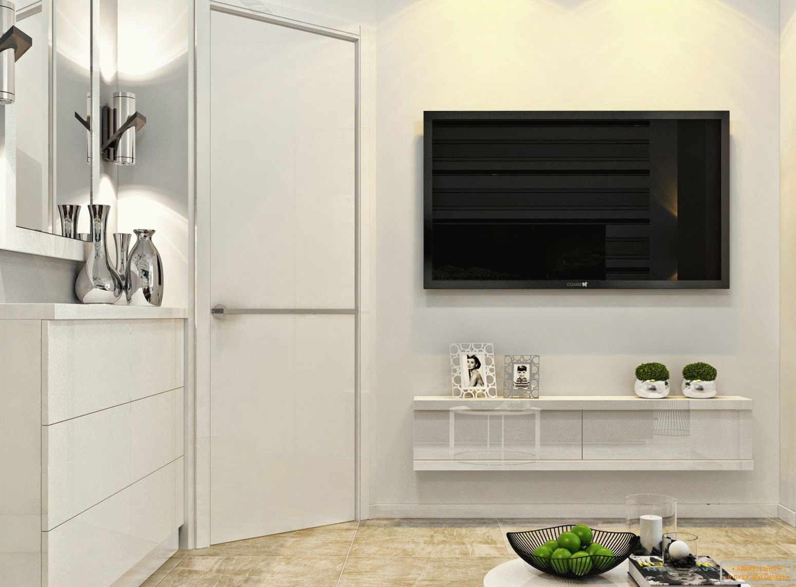 TV na steni v notranjosti belega minimalizma