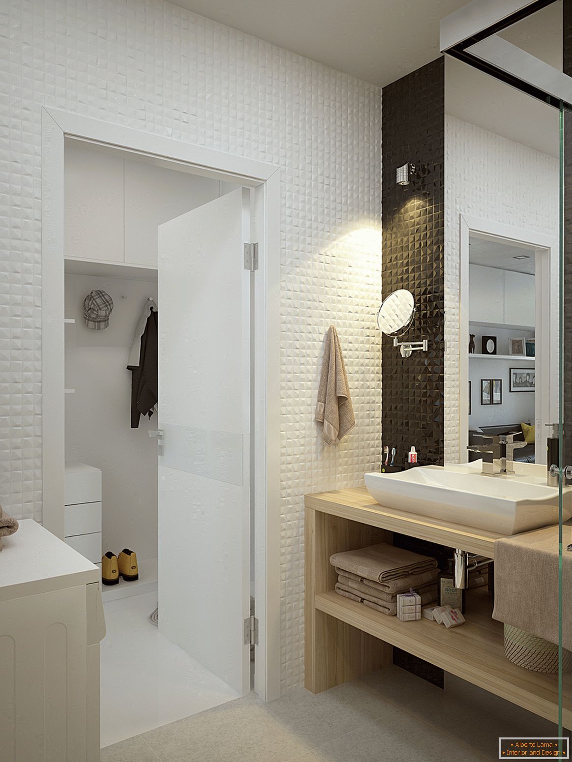 Notranjost majhnega apartmaja v kontrastnih barvah - ванная